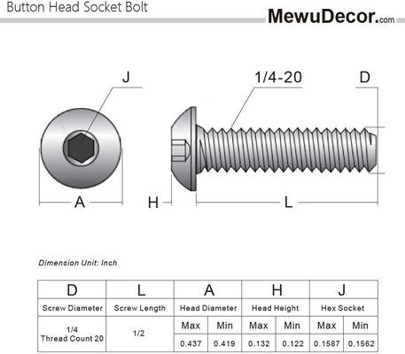 1/4-20 x 1/2 pouce bouton tête prise cap boulons 18-8 acier inoxydable 304 finition simple plein fil Allen Hex Drive Pan tête