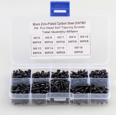 ALLOY Couleur naturelle 450pcs M3 acier au carbone Noir Croix PA Pan Tête ronde Tête auto-tapping vis ensemble de combinaison