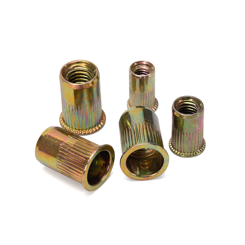 Échantillon en stock: écrous en acier, corps rond, tête plate, écrous métriques, écrous en acier au carbone, inserts filetés, écrous zincés