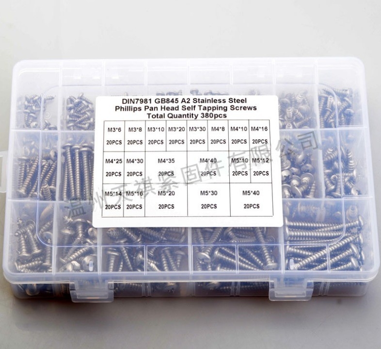17*10*2.3 Ensemble de combinaison de écrous 380 pièces en acier inoxydable 304 din7981 tête de plateau croisée / tête ronde auto-tapping m3m4m5 Kit d'assortiment