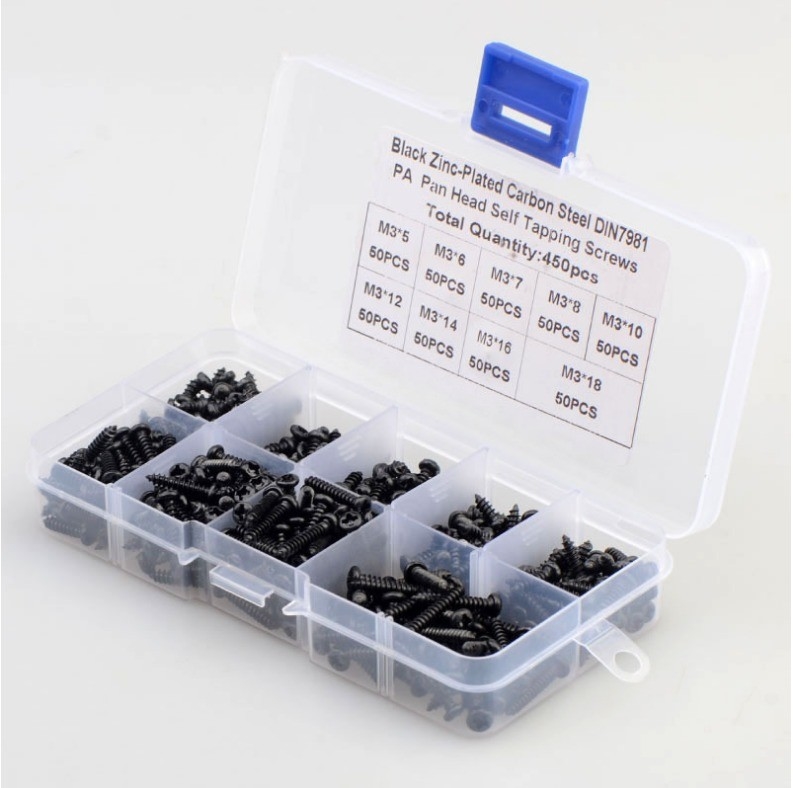 ALLOY Couleur naturelle 450pcs M3 acier au carbone Noir Croix PA Pan Tête ronde Tête auto-tapping vis ensemble de combinaison